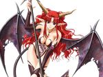  demon_girl earrings horns jewelry kinmedai_pink lance megami_taisen navel necklace pointy_ears polearm pubic_tattoo red_hair solo succubus succubus_(megami_taisen) tachi-e tattoo transparent_background weapon wings 