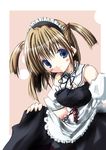  black_ribbon blonde_hair blue_eyes border breasts cutlass_(classic_chocolate) detached_sleeves frills large_breasts long_sleeves looking_at_viewer maid maid_headdress original outside_border pink_background ribbon short_hair simple_background solo underbust 