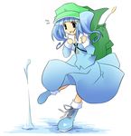  :d backpack bag blue_dress blue_eyes blue_hair boots dress flat_cap full_body hat itose_ikuto kawashiro_nitori open_mouth pocket rubber_boots simple_background smile solo touhou two_side_up walking walking_on_liquid water white_background 