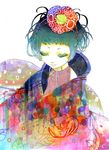  bare_shoulders collarbone colored_eyelashes floral_print green_hair japanese_clothes kimono long_sleeves original short_hair simple_background solo tsubasa_(artist) upper_body white_background 