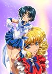  back_bow bishoujo_senshi_sailor_moon blonde_hair blue_choker blue_eyes blue_footwear blue_hair blue_sailor_collar blue_skirt boots bow choker crossover elbow_gloves frills gloves hana_no_ko_lunlun kawarajima_kou leg_lift lunlun magical_girl mizuno_ami multiple_girls purple_background sailor_collar sailor_mercury sailor_senshi_uniform short_hair skirt smile star star_choker super_sailor_mercury tiara white_gloves 