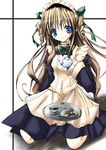  apron black_dress blonde_hair blue_eyes bow bowtie cup cutlass_(classic_chocolate) dress drill_hair full_body green_bow green_neckwear holding kneeling long_hair long_sleeves looking_at_viewer maid on_lap original saucer solo teacup teapot tray very_long_hair 