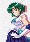  back_bow bishoujo_senshi_sailor_moon blue blue_choker blue_eyes blue_sailor_collar blue_skirt bow choker earrings elbow_gloves gloves green_hair jewelry kawarajima_kou magical_girl mizuno_ami sailor_collar sailor_mercury sailor_senshi_uniform skirt solo star star_choker super_sailor_mercury tiara white_background white_gloves 