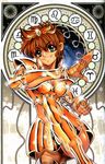  aqua_eyes armor bandaid bikini_armor breasts clenched_hand fighting_stance future_studio_(artist) genderswap genderswap_(mtf) grin leg_lift leo_aiolia medium_breasts midriff mu_fengchun orange_hair panties pantyshot red_panties saint_seiya shiny short_hair skirt smile solo thighhighs underwear watermark zodiac 