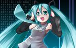  :d aqua_eyes aqua_hair aqua_neckwear bangs binary cropped detached_sleeves hands_on_headphones hands_on_own_head hatsune_miku headphones long_hair necktie open_mouth shirt sleeveless sleeveless_shirt smile solo taicho128 twintails very_long_hair vocaloid 