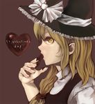  blonde_hair brown_background chocolate chocolate_heart english hat heart kirisame_marisa long_hair open_mouth simple_background solo touhou valentine witch_hat xero yellow_eyes 