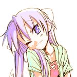  head_tilt hiiragi_kagami long_hair lowres lucky_star mikami_komata one_eye_closed purple_eyes purple_hair smile solo tsurime twintails upper_body 