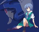  ayanami_rei black_legwear blue_hair dress eva_00 full_body green_dress kneehighs loafers looking_at_viewer mecha neon_genesis_evangelion obscur pleated_dress red_eyes school_uniform shirt shoes short_hair solo white_shirt 