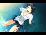  ahoge g_yuusuke konno_makoto laughing one_eye_closed school_uniform skirt smile solo toki_wo_kakeru_shoujo water wet wet_clothes 