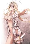  blonde_hair blood blood_stain bottomless breasts choker copyright_request highres knife large_breasts long_hair navel nipples open_clothes open_shirt red_eyes sanbasou shirt solo 
