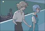  1girl ayanami_rei belt blonde_hair blue_dress blue_hair buckle cityscape collared_shirt comic dress dress_shirt full_moon lowres lrk moon nagisa_kaworu neon_genesis_evangelion oekaki outdoors red_eyes shirt short_hair spiked_hair white_shirt 