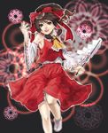  ascot bow brown_eyes brown_hair collar detached_sleeves gohei hair_bow hakurei_reimu holding long_sleeves looking_at_viewer ponytail red_bow red_skirt skirt socks solo standing standing_on_one_leg stick touhou vest white_legwear wide_sleeves xero 