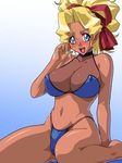  :d adjusting_hair ahoge arm_behind_back arm_support barefoot bikini blonde_hair blue_background blue_bikini blue_eyes blush bow breasts cleavage covered_nipples dark_skin earrings gradient gradient_background groin hair_bow halterneck high_ponytail highleg highleg_bikini highleg_swimsuit jewelry kagami_hirotaka kuramitsu_mihoshi large_breasts looking_at_viewer navel open_mouth pointy_ears ponytail ribbon_bangs see-through sidelocks sitting smile solo sports_bikini swimsuit tenchi_muyou! turtleneck wariza wavy_hair wide_hips 