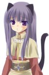  acolyte animal_ears capelet cat_ears cat_tail closed_mouth expressionless eyebrows_visible_through_hair lavender_hair long_sleeves purple_eyes ragnarok_online sash simple_background solo tail upper_body white_background yukian 