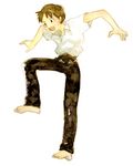  arms_up barefoot black_pants brown_eyes brown_hair collared_shirt full_body ikari_shinji leg_up looking_down lowres lrk male_focus neon_genesis_evangelion open_mouth pants shirt shirt_tucked_in short_sleeves simple_background solo standing surprised tareme white_background white_shirt wing_collar 