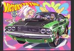  1girl angel angel_wings blonde_hair blush car dodge dodge_challenger dog feathers ground_vehicle halo left-hand_drive luchador luchador_mask mask motor_vehicle muscle_car negishi_hideto original pillarboxed raglan_sleeves smile twintails wings 