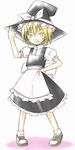  alternate_hair_length alternate_hairstyle apron bangs black_hat black_skirt black_vest blonde_hair blush bow brown_footwear eyebrows eyebrows_visible_through_hair frilled_apron frilled_sleeves frills full_body hair_between_eyes hand_on_hip hat hat_bow hat_ribbon ikune_juugo index_finger_raised kirisame_marisa legs_apart looking_at_viewer pointing pointing_up puffy_short_sleeves puffy_sleeves ribbon shirt shoes short_hair short_sleeves skirt smile socks solo standing touhou vest waist_apron white_apron white_bow white_legwear white_ribbon white_shirt witch_hat yellow_eyes 