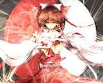  bad_id bad_pixiv_id bow brown_hair detached_sleeves hair_bow hakurei_reimu kanata_(kiduka) ofuda short_hair solo touhou yin_yang 