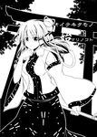  absurdres bad_id bad_pixiv_id greyscale highres kochiya_sanae long_hair makino_(ukiuo) monochrome solo torii touhou 