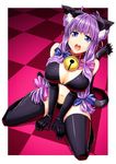  alto-00 animal_ears bell bell_collar black_bra black_legwear black_panties bow bra breasts cat_ears cat_tail checkered checkered_floor cleavage collar elbow_gloves gloves hair_bow highres jingle_bell kemonomimi_mode kneeling large_breasts lingerie open_mouth panties patchouli_knowledge perspective purple_eyes solo tail thighhighs touhou underwear 