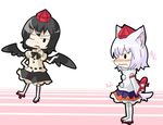  animal_ears annoyed arms_behind_back bad_id bad_pixiv_id black_wings blush chibi geta gift hat holding holding_gift inubashiri_momiji kuzugitsune_(inarikami) multiple_girls one_eye_closed shameimaru_aya tail tengu-geta tokin_hat touhou tsundere wings wolf_ears wolf_tail 