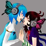  bad_id bad_pixiv_id bug butterfly butterfly_hair_ornament eye_contact hair_ornament hands_together headphones houjuu_nue insect lips looking_at_another lowres magnet_(vocaloid) multiple_girls music nail_polish open_mouth parody profile short_hair simple_background singing tatara_kogasa touhou vocaloid wings yuri yurusugi 