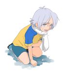  1boy fubuki_shirou full_body inazuma_eleven inazuma_eleven_(series) male male_focus pain scarf shota solo white_background white_hair wince 