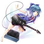  bad_id bad_pixiv_id barefoot blue_eyes blue_hair bow cirno grin guitar hair_bow ibanez instrument mochi.f short_hair smile solo touhou 