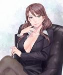  blue_eyes breasts brown_hair chair cleavage crossed_legs earrings esukee fifteen_hounds formal jacket jewelry lips long_hair medium_breasts no_bra office_lady pantyhose pencil_skirt sitting skirt skirt_suit solo suit 