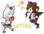  animal_ears bad_id bad_pixiv_id black_wings chibi geta gift hat himekaidou_hatate holding holding_gift inubashiri_momiji kuzugitsune_(inarikami) multiple_girls sandals tail tengu-geta tokin_hat touhou wings wolf_ears wolf_tail 