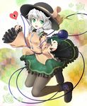  alternate_hairstyle boots glowing green_eyes hands hat heart kimitoshiin komeiji_koishi open_mouth pantyhose pointing short_twintails silver_hair skirt sleeves_past_wrists smile solo third_eye touhou twintails wide_sleeves 