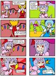  /\/\/\ 3girls 4koma :&gt; awesome_face bat_wings blonde_hair blue_eyes blue_hair cirno closed_eyes comic cup error fang fangs finnish flandre_scarlet frog happy hat head_bump left-to-right_manga licking multiple_4koma multiple_girls parasol purple_hair red_eyes remilia_scarlet ribbon saliva setz short_hair simple_background slit_pupils smile star surprised sweat teacup tongue touhou translated tree umbrella wings 
