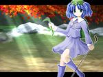  autumn blue_dress blue_eyes blue_hair dress holding kawashiro_nitori letterboxed light_rays long_sleeves looking_at_viewer outdoors pocket short_hair side_b solo stick thighhighs touhou two_side_up zettai_ryouiki 
