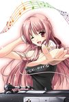  beamed_eighth_notes dj eighth_note eighth_rest foreshortening headphones miyase_mahiro musical_note original outstretched_arm outstretched_hand phonograph pink_eyes pink_hair quarter_note reaching solo staff_(music) tank_top turntable 