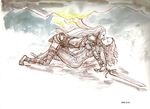  artist_request claymore claymore_(sword) closed_eyes curly_hair irene_(claymore) long_hair multiple_girls pointy_ears sketch straight_hair strap sword teresa_(claymore) weapon yuri 