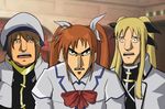  beret blonde_hair bow bowtie brown_hair divine dress fate_testarossa fukumoto_nobuyuki_(style) hat indoors kaiji long_sleeves looking_at_viewer lyrical_nanoha mahou_shoujo_lyrical_nanoha mahou_shoujo_lyrical_nanoha_a's manly multiple_girls parody red_bow red_neckwear surprised takamachi_nanoha uniform upper_body white_dress wide-eyed yagami_hayate 