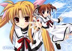  blonde_hair blush bow dress fate_testarossa hair_ribbon hayashi_sakura long_hair lyrical_nanoha magic_circle mahou_shoujo_lyrical_nanoha mahou_shoujo_lyrical_nanoha_a's multiple_girls purple_eyes raising_heart red_bow red_eyes red_hair ribbon school_uniform seishou_elementary_school_uniform short_hair takamachi_nanoha translation_request twintails 