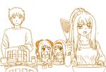  3girls ;d ;p apron blush blush_stickers chair collarbone cup drinking_glass family food fork frying_pan hairband hand_in_pocket if_they_mated knife kyon long_hair looking_at_another mem monochrome multiple_girls one_eye_closed open_mouth overalls pepper_shaker plate ponytail salad salt_shaker simple_background sitting smile spatula suzumiya_haruhi suzumiya_haruhi_no_yuuutsu table teeth toast tongue tongue_out twintails white_background 