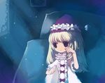  bed blonde_hair bow fantasy frills grimgrimoire hat lillet_blan long_hair night pajamas purple_eyes puti_devil solo tears 