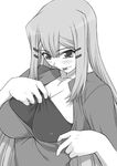  adjusting_clothes blush breasts greyscale gundam gundam_00 huge_breasts long_hair louise_halevy monochrome shichimenchou simple_background solo tongue tongue_out upper_body white_background 