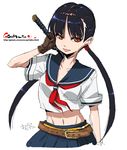  belt blue_hair katana long_hair midriff oekaki oneechanbara onija_tarou saki_(oneechanbara) school_uniform solo sword tongue twintails weapon yellow_eyes 