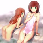  alternate_hairstyle amami_haruka arm_support ass ass_visible_through_thighs blush breasts covering curvy green_eyes hair_down idolmaster idolmaster_(classic) idolmaster_1 looking_back multiple_girls nude nude_cover onsen open_mouth parted_lips seki_suzume takatsuki_yayoi towel 