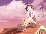  ahoge bird brown_eyes brown_hair cloud flower highres kikuchi_yume mahou_tsukai_ni_taisetsu_na_koto outdoors rooftop shoes short_hair shorts sitting sky sneakers solo wallpaper weather_vane yoshizuki_kumichi 