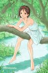  barefoot blush copyright_request dress forest hairband kobaneko nature sitting soaking_feet solo water 