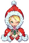  :p blonde_hair breasts christmas cleavage copyright_request gift green_eyes holding holding_gift maruta_kentarou medium_breasts one_eye_closed santa_costume solo tongue tongue_out 