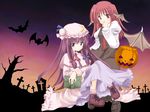  bat book graveyard halloween head_wings jack-o'-lantern kakoi_orihako koakuma multiple_girls patchouli_knowledge pumpkin touhou tree 