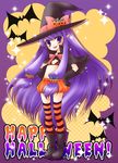  bat bow food_themed_hair_ornament hair_ornament halloween happy_halloween hat jack-o'-lantern long_hair midriff mika_mikan original pink_bow pointy_ears pumpkin pumpkin_hair_ornament purple_eyes purple_hair solo striped striped_legwear thighhighs very_long_hair witch witch_hat 