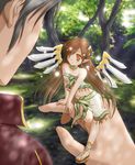  1girl ahoge bare_shoulders black_hair brown_hair choker ego_weapon_blunt fairy feet forest hair_ornament hands long_hair mabinogi midriff minigirl nature non-web_source orange_eyes pointy_ears ribbon riding sandals sunlight toes tree wings 