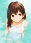  breasts brown_eyes brown_hair copyright_request from_above highres kobayashi_yuuji medium_breasts nipples one-piece_swimsuit see-through smile solo standing swimsuit wading water 