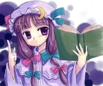  :o bangs blunt_bangs blush book bow crescent crescent_hair_ornament hair_ornament hat holding holding_book index_finger_raised long_hair looking_at_viewer mob_cap open_book open_mouth patchouli_knowledge pink_bow purple_eyes purple_hair sidelocks solo tilm touhou upper_body very_long_hair 